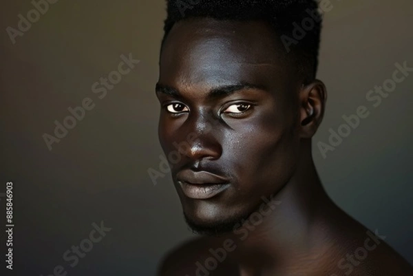 Fototapeta Young black man with short hair is posing on a dark background