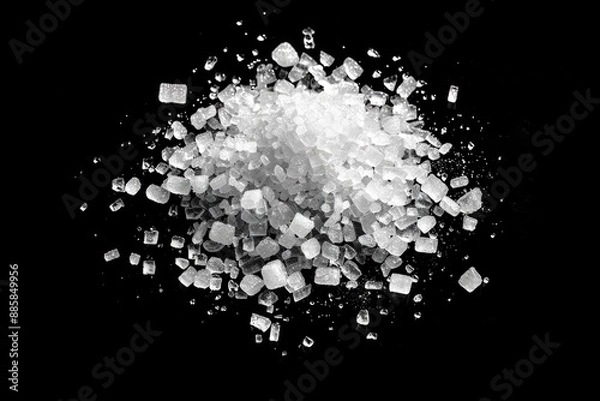 Fototapeta A pile of sugar crystals arranged neatly on a dark, matte black surface