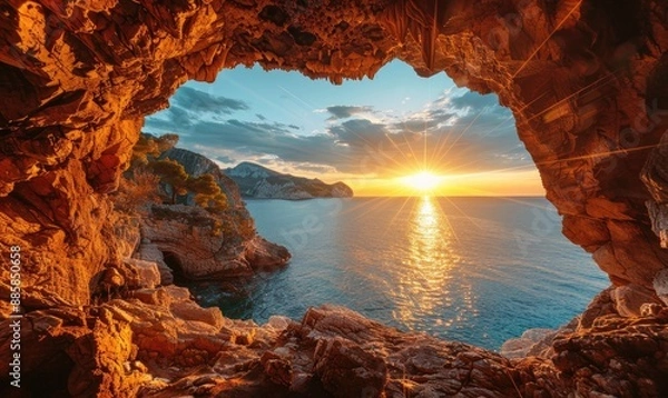 Obraz Golden Hour Inside View from an Open Cave on a Rocky Mountain Overlooking the Sea