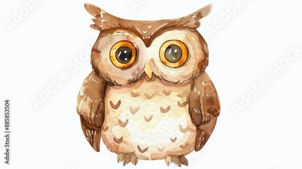 Fototapeta Sweet cartoon owl with big eyes, illustrated in watercolor on a white background