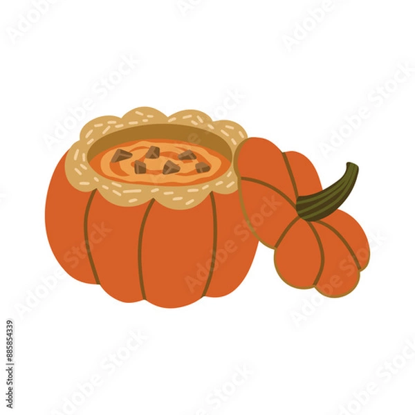 Fototapeta Vector isolated element. Pumpkin soup. Pumpkin. Autumn time. Harvesting. Halloween. Color image on a white background. The print is used for packaging design.