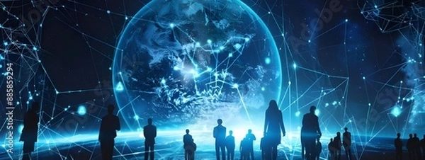 Fototapeta A digital art representation of an AI, symbolizing global business connections and network security with blue hues.