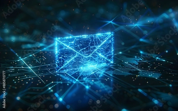 Fototapeta A glowing blue envelope icon floating on a digital background, representing the speed and energy of email communication in business or social media.