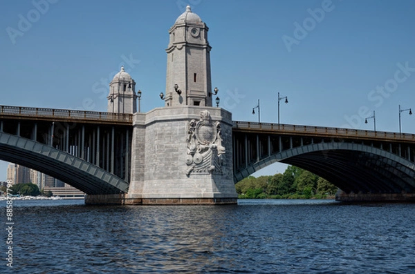 Obraz Longfellow bridge in Boston. The bridge features multiple arches and decorative elements, including sculptures and a tower-like structure with a dome at the top.