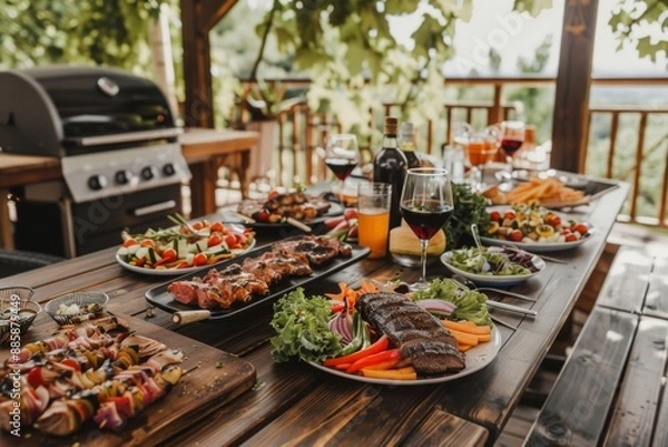 Fototapeta A backyard table set with grilled meats, fresh vegetables, and salads, as happy people dance and celebrate joyfully on the porch to lively music.