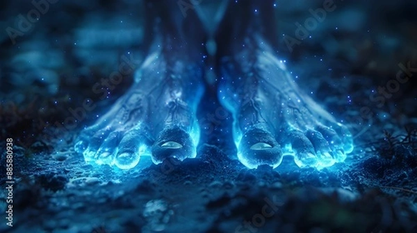 Fototapeta A person's feet are on the ground and surrounded by sparking light. This concept conveys danger and excitement, as the person is running through a powerful force.