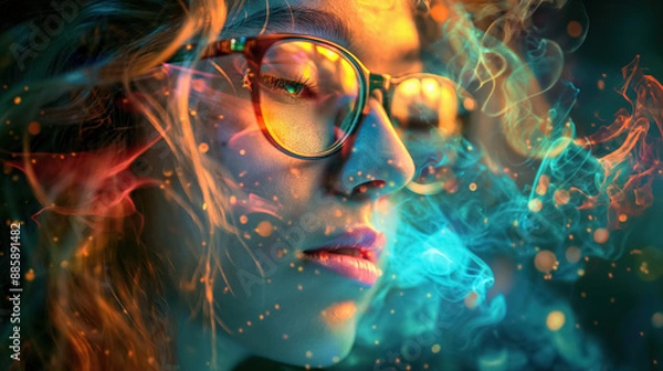 Fototapeta Portrait of a woman with glasses, illuminated by vibrant colors and surrounded by swirling smoke and sparkles, creating an ethereal, artistic effect.