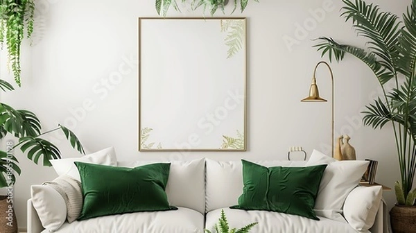 Fototapeta Modern Living Room with Green Accents and a Blank Canvas