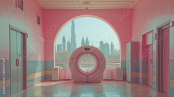 Fototapeta CT Scanner with City View in Pink Hallway