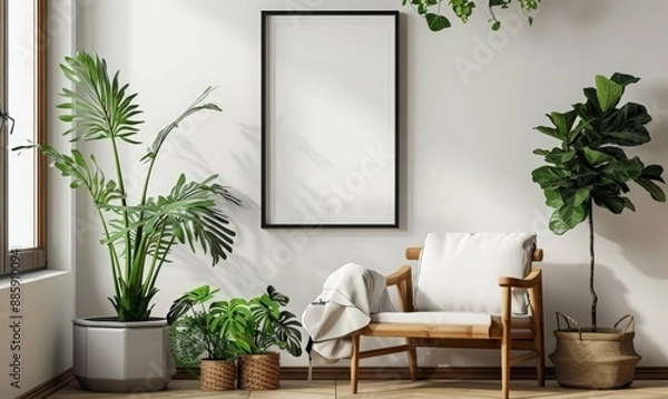 Fototapeta Poster mock up with wooden frame and plant on white wall with sunbeam and shadow on home interior background. Products overlay template.