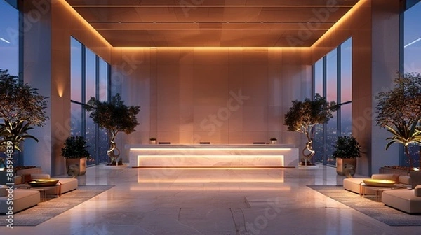 Fototapeta Elegant minimalist hotel reception area featuring a sleek white desk and soft seating arrangements. The space is highlighted by large windows offering panoramic views of the city skyline. 