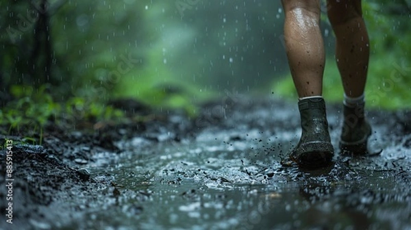 Fototapeta Person walking through a muddy trail in a rainstorm their clothes soaked and muddy Stock Photo with copy space