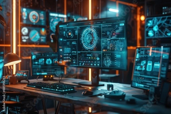Fototapeta Futuristic workspace with multiple computer screens displaying digital data and technology interfaces in a dimly lit room.