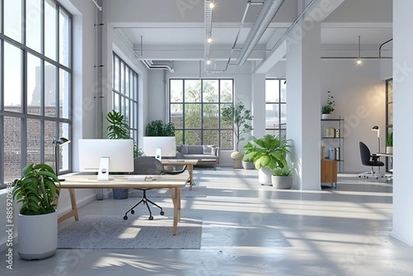 Obraz Modern Office Space with White Walls and Large Windows, Featuring Computers on Desks, Open Plan Area for Team Collaboration, and Plants for a Green and Inviting Environment
