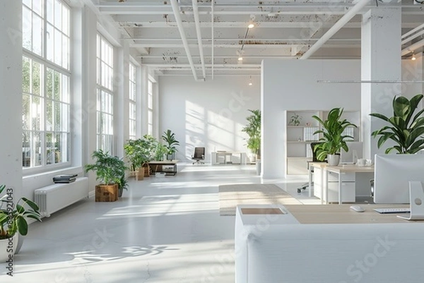 Fototapeta Modern Office Space with White Walls and Large Windows, Featuring Computers on Desks, Open Plan Area for Team Collaboration, and Plants for a Green and Inviting Environment