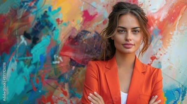 Fototapeta Confident Woman in Bright Orange Blazer Standing Against Colorful Abstract Background