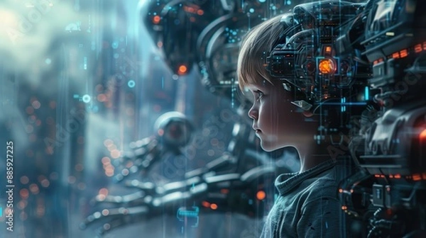 Fototapeta Futuristic Child with Advanced AI Robots Surrounded by Holographic Technology