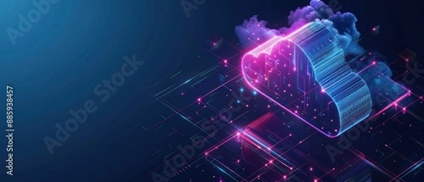 Fototapeta Isometric big data neon light cloud computing futuristic technology