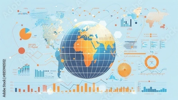 Fototapeta Infographic Displaying Global Financial Data on a Light Blue Background with Globe and Graphs