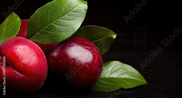 Obraz Ripe red apples with green leaves on a dark background