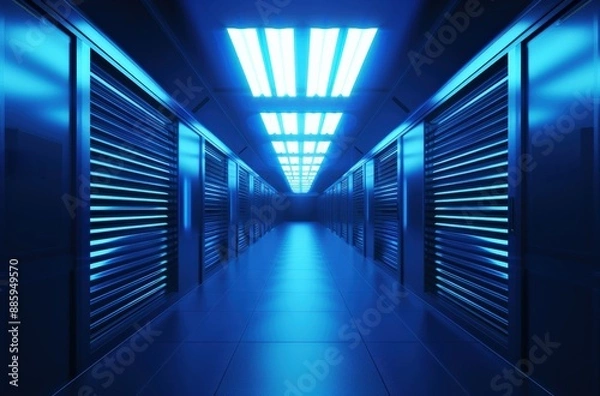 Fototapeta Modern data center hallway with blue lighting, showcasing server racks and futuristic technology infrastructure.