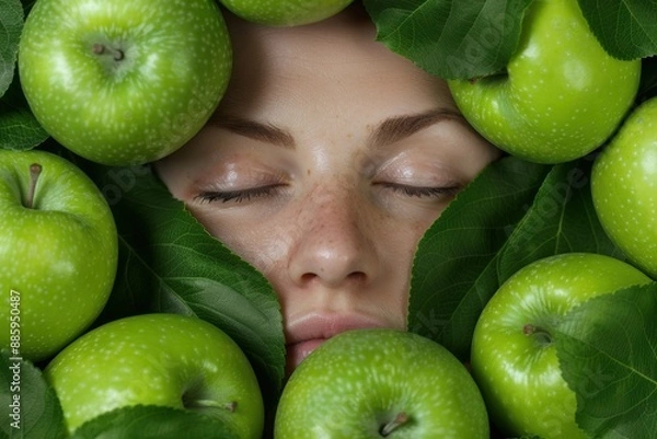 Fototapeta Green apples surround a person's face