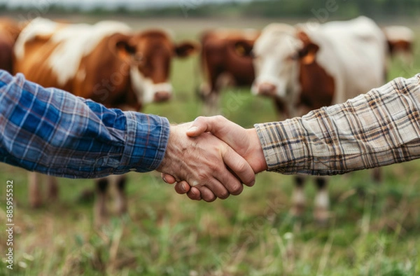 Fototapeta Farmers shaking hands in front of cows
