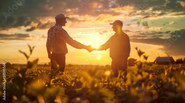 Fototapeta Two farmers shaking hands in corn field