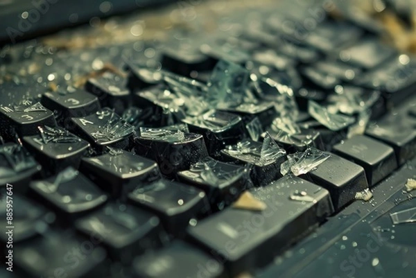 Fototapeta Close up of a broken computer keyboard covered in shards of glass