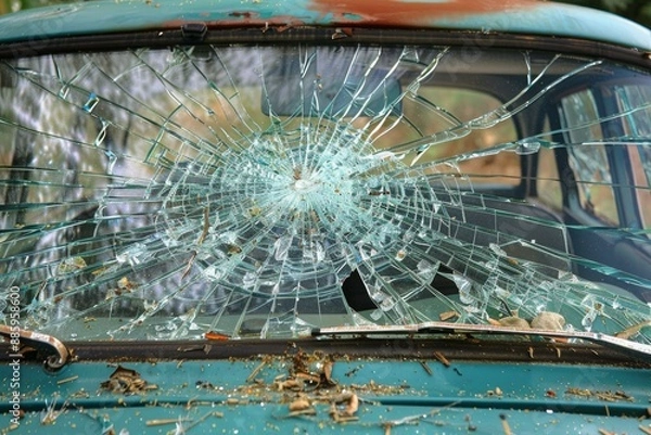 Fototapeta Cracked windshield on an old abandoned car with rust, showing consequences of crash and impact