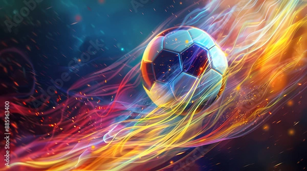 Fototapeta Soccer ball flying in colorful fire on fantasy background