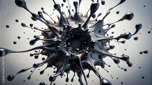 Fototapeta Abstract chaotic dark liquid droplets radiate outward from central point on pristine white background in dynamic splattered pattern.