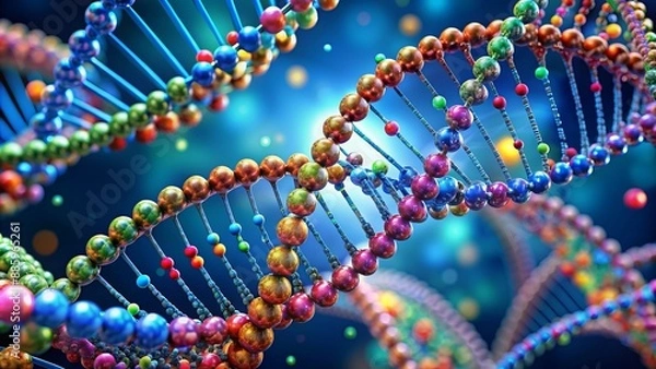 Fototapeta Vibrant 3D rendered illustration of a double helix DNA molecule with colorful nucleotides arranged in a mesmerizing spiral structure.