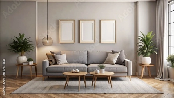 Obraz Modern minimalist living room interior design featuring sleek gray sofa with two elegant frames display on cream wall background.