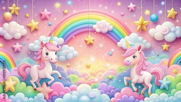 Fototapeta Whimsical fairy tale scene featuring a magical 3D cloud rainbow border, pink background, cute cartoon unicorn, stars, and kawaii pony.