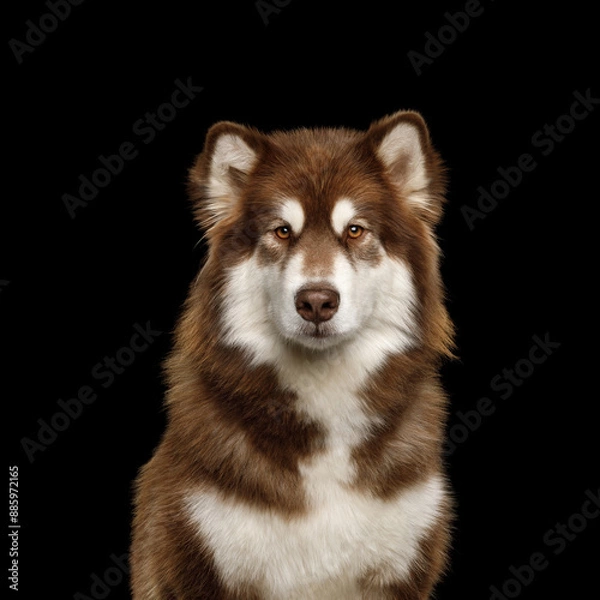 Fototapeta Portrait of Alaskan Malamute dog on Isolated Black Background in studio