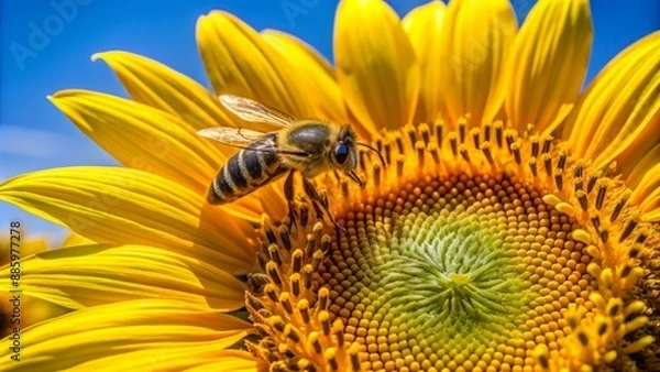 Fototapeta A solitary bee is busily collecting nectar from the vibrant yellow petals of a tall, bright sunflower on a sunny day.