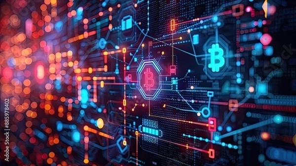 Obraz Abstract technology background with blue, red and orange glowing lines and dots.