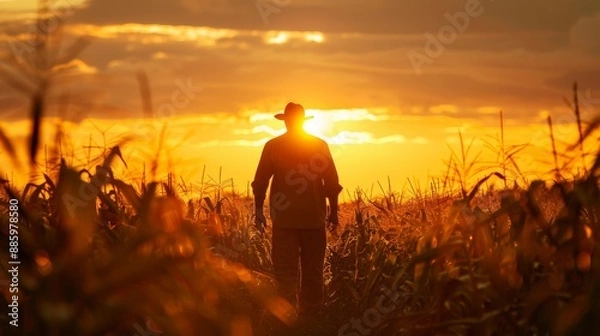 Obraz Golden Dawn Inspiring Silhouette of Farmer in Lush Cornfield Embracing the Beauty of Agriculture and Dedication