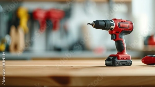 Obraz Red cordless power drill on a wooden workbench in a workshop, with tools in the background, perfect for DIY and home improvement projects.