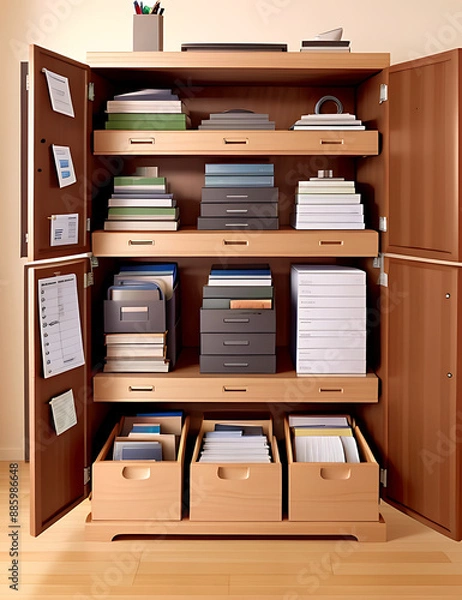 Fototapeta A simple record keeping and archive, cabinet of folders in a large room with copy space
