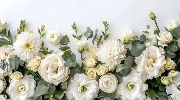 Obraz White Flowers and Greenery Border.