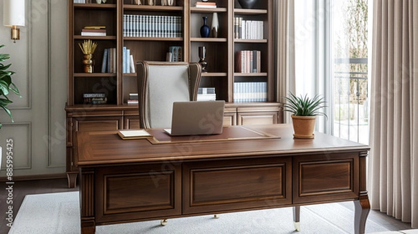 Fototapeta elegant home office with a large wooden desk and a comfortable, stylish chair. The desk is neatly organized with a laptop, a notebook, and a potted plant
