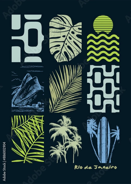 Obraz Editable illustration of composition with elements of the city of Rio de Janeiro. Art with tropical summer motifs.