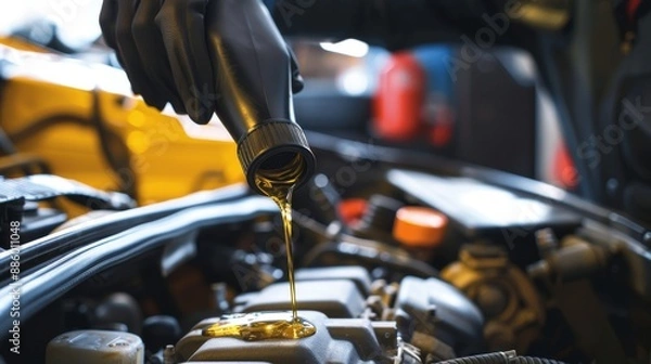 Obraz Mechanic adds oil to a car engine.