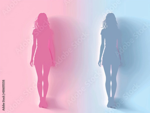 Fototapeta Silhouette of a woman's body in pink color on a white background, flat design, simple vector illustration in the style of minimalism, front view, full length with no face