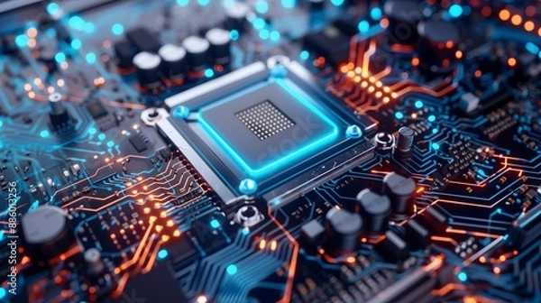 Fototapeta Future-Tech Processor and Circuitry Aglow in Dynamic Blue and Orange Lights.