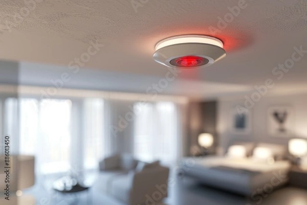 Fototapeta The home safety gadget placed in the hotel room ceiling includes a smoke detector, fire alarm, and water heater.