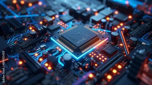 Fototapeta Future-Tech Processor and Circuitry Aglow in Dynamic Blue and Orange Lights.