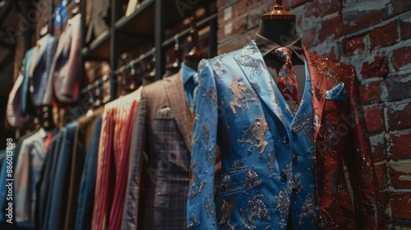 Fototapeta Suits tailored for a specific person, costly and stylish, displayed on a mannequin against a brick wall.